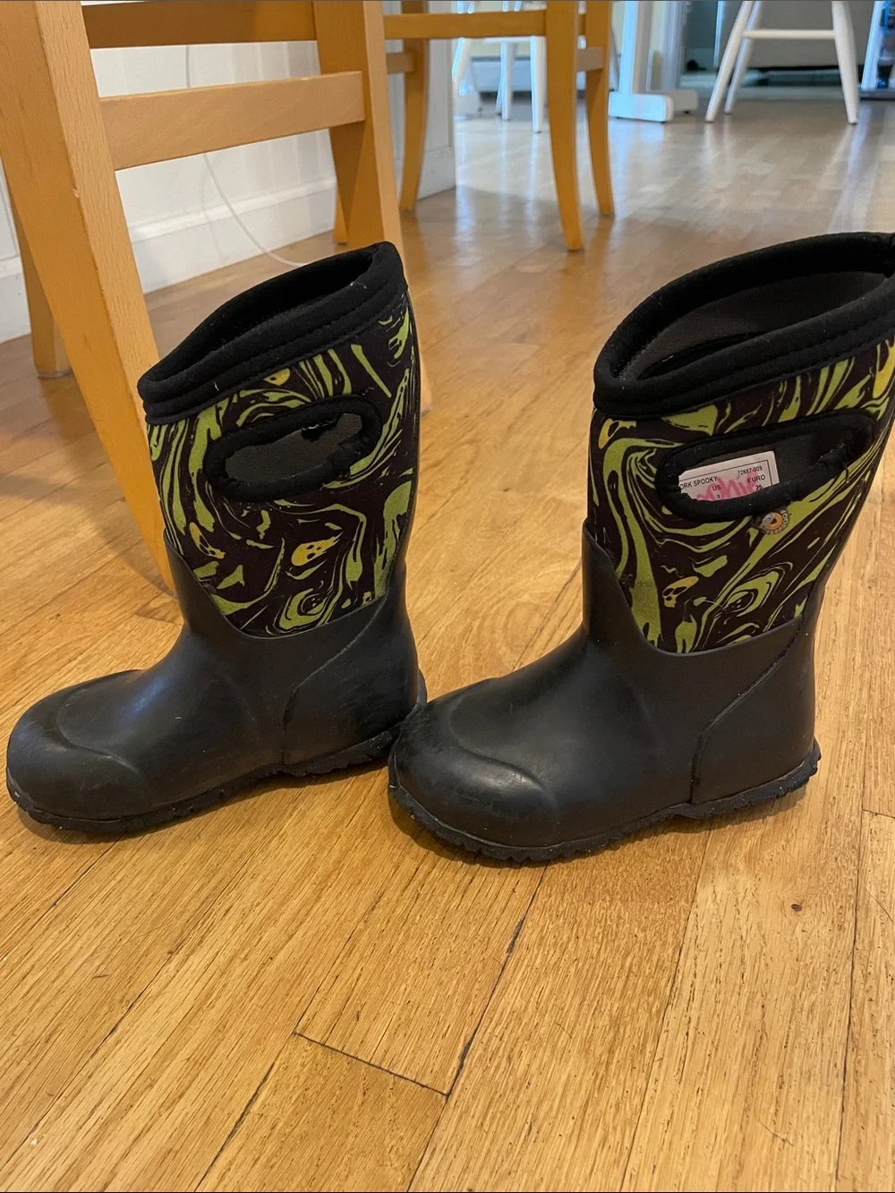 Bogs Black and Green Kids Waterproof Rain Boots